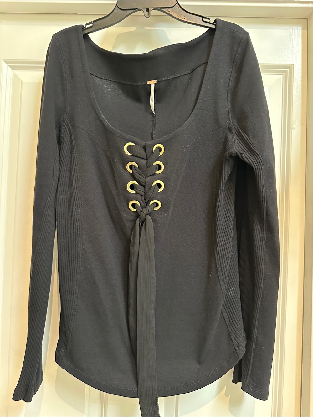 Free People Boho Black Long Sleeve Lace-Up Top with Gold Eyelets